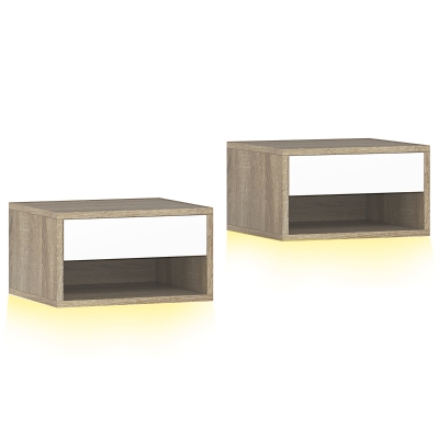 HOMCOM 2er-Set schwebende Nachttische mit RGB-LED App-Steuerung Schublade offenes Fach Natur und Weiß
