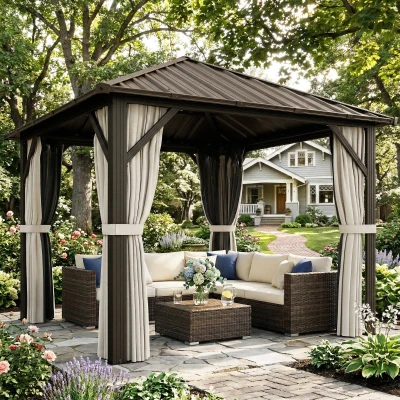 Outsunny Gartenpavillon ca. 3 x 3 m Aluminium Pavillon mit Stahldach Hardtop Moskitonetz 4 Seitenteile, UPF50+