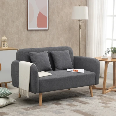 HOMCOM Canapea 2 locuri cu 2 perne decorative, loveseat mic cu aspect de catifea, canapea tapițată modernă pentru living, dormitor, spații mici, gri 130 x 70 x 80 cm