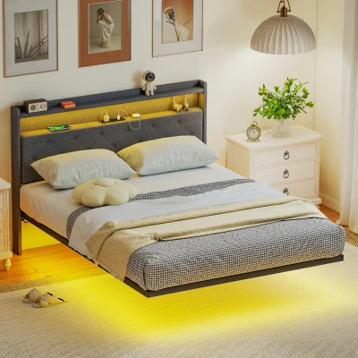 HOMCOM Upholstered Double Bed Frame with LED Lights Grey