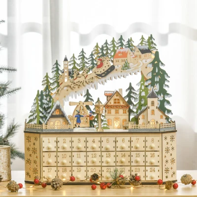 HOMCOM Calendar de Advent Decorațiune de Crăciun, 24 sertare, lumini LED, 39 cm x 9 cm x 42 cm, Alb + Verde