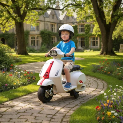 AIYAPLAY Motocicletă electrică pentru copii 2-6 ani cu baterie 6V, far, claxon și roți auxiliare, alb