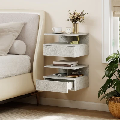 HOMCOM Set 2 Comodini Sospesi con Cassetto, Grigio Cemento