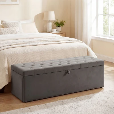 HOMCOM Puff Almacenaje, Banco Almacenaje 141L 137x41x42 cm Tapizado en Terciopelo Baúl de Almacenamiento Carga 240 kg Gris