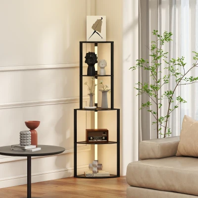 HOMCOM Lampadar pentru living, lampadar cu etajere de colț cu 4 nivele, luminozitate reglabilă, 55,5 x 39,5 x 163 cm, negru