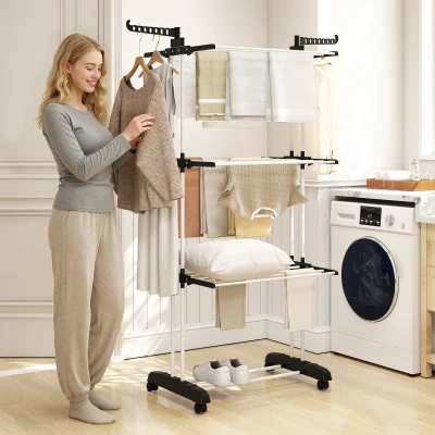 HOMCOM 4-Tier Steel Laundry Rack with Castors Black