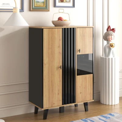 Meuble d'appoint avec vitrine, Couleur naturelle+Noir