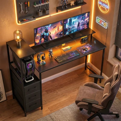 HOMCOM Gaming Desk with Monitor Stand RGB Lights Black 147cm