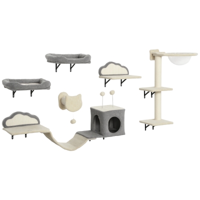 PawHut Etajere murale pentru pisici set mobilier de perete 6 piese hamac cu bulă acrilică cușcă hamac scară bej