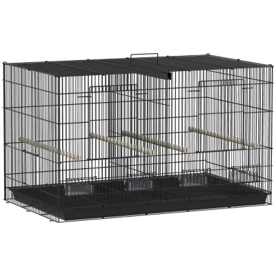 PawHut Colivie volieră interior oțel cu separator 4 bârne tavă glisantă 4 hrănitoare 76 x 46 x 46 cm negru