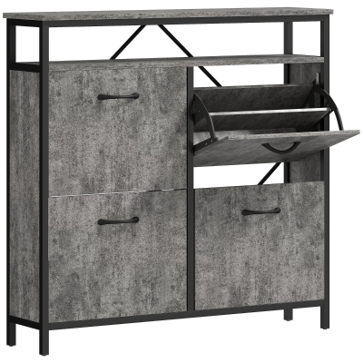HOMCOM Shoe Cabinet 4 Flip Drawers Open Shelf Cement Grey