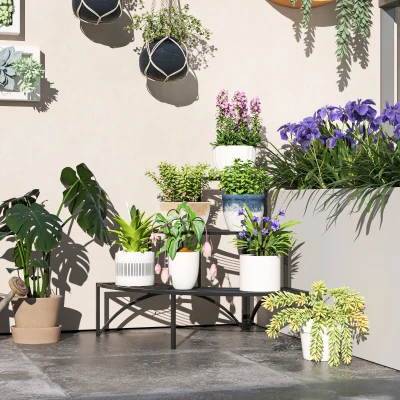 Outsunny Suport de plante de colț, suport de flori cu 3 niveluri, metal, pentru interior și exterior, suport pentru ghivece, Negru