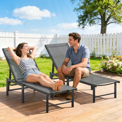 Outsunny Garden Sun Loungers Set of 2 Adjustable Steel Grey