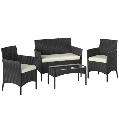 Outsunny Conjunto Muebles Jardín de Ratán Sintético con Sofá Sillones y Mesa de Vidrio Templado y Cojines Negro y Crema