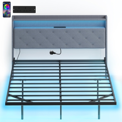 HOMCOM Upholstered King Bed Frame with LED & Charging Grey