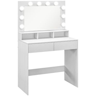 HOMCOM Masă de toaletă cu oglindă iluminată, sertare, 3 opțiuni de lumină, 10 becuri, masă de machiaj modernă în alb