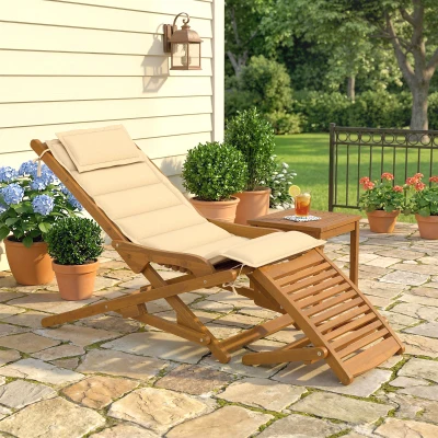 Outsunny Klappbare Holzliege mit abnehmbarem Fußteil und Kissen mit Nackenstütze Belastbarkeit 160 kg 158x61x70 cm Beige