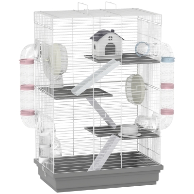 PawHut Cușcă pentru Hamsteri cu 4 Niveluri și 16 Tuburi, cu Căsuță, Rampă, Boluri, Rezervor de Apă și Tavă Antipicurare, Cușcă din Metal și Plastic, 47x30x70 cm, Gri