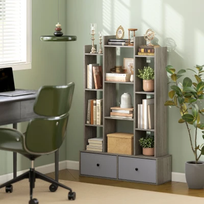 HOMCOM 12-Tier Bookshelf with Folding Drawers Graphite