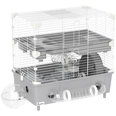 PawHut Gaiola para hamster  de 2 níveis com roda de corrida banho de areia para hamster anão 44,5 x 28 x 44 cm cinza