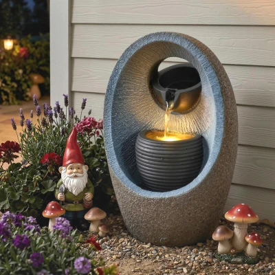 Outsunny Water Feature with 2-Tier Bowls, Garden Water Fountain with Pump and LED Lights, Resin Cascading Waterfall