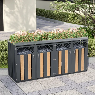 Abschließbare Mülltonnenbox, für 4 Standardtonnen mit integriertem Blumentrog, 264x80x124.5 cm, Grau+Naturfarbe