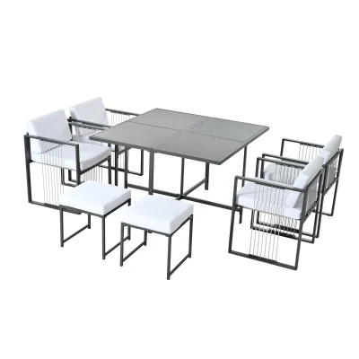 Ensemble repas de jardin 7 pièces pour 6 personnes, Noir+Blanc