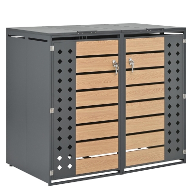 Mülltonnenbox mit hydraulischem Klappdeckel, zwei separaten Fächern und abschließbaren Türen, 132x80x118,5 cm, Grau+Naturfarbe