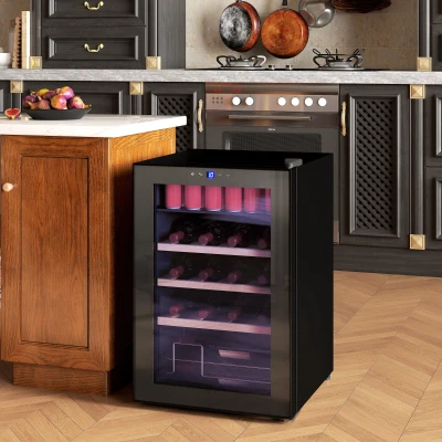 HOMCOM Vitrină pentru Vinuri Refrigerată 12 Sticle 53L Vitrină Frigider Silențioasă Temperatură Reglabilă 5-18℃ Frigider Vinuri Bar cu Sticlă Anti UV, Rafturi, Compresor, Display Tactil, Lumini LED, Clasa G