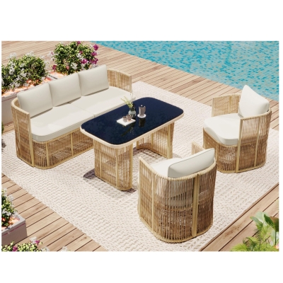 Ensemble de jardin 5‑pièces PE‑rotin, Beige+Noir+Blanc