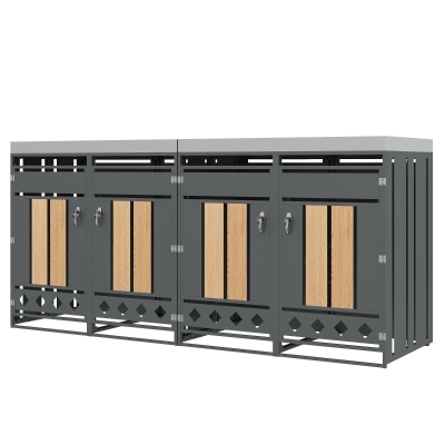 Mülltonnenschrank mit 4 Fächern, integriertem Pflanztrog und abschließbare Türen, 264x80x124.5 cm, Grau+Naturfarbe