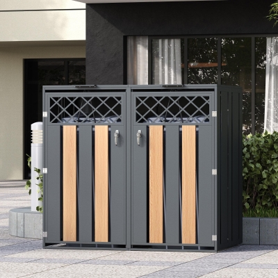 Coffre pour poubelles avec couvercle rabattable hydraulique et façade verrouillable, Gris+Couleur naturelle