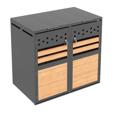 Mülltonnenbox mit hydraulischem Klappdeckel, abschließbaren Doppeltüren und zwei Fächern, 132x80x120 cm, Grau+Naturfarbe