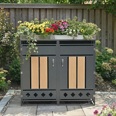 Mülltonnenbox mit integriertem Pflanztrog, abschließbar, für 2 Standard‑Mülltonnen, 132x80x124,5 cm, Grau+Naturfarbe