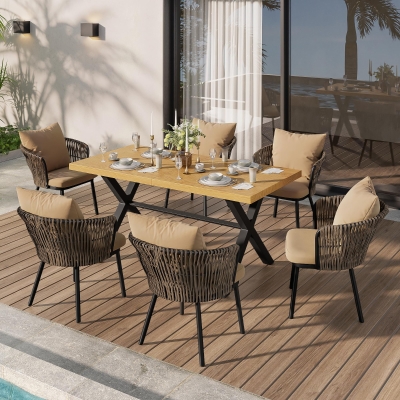 Ensemble de repas de jardin moderne 6 pièces, Kaki+Couleur naturelle