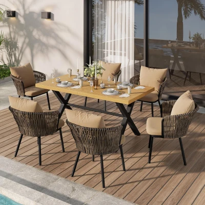 Modernes 6‑teiliges Garten-Essgruppen-Set, für 6 Personen, Khaki+Naturfarbe