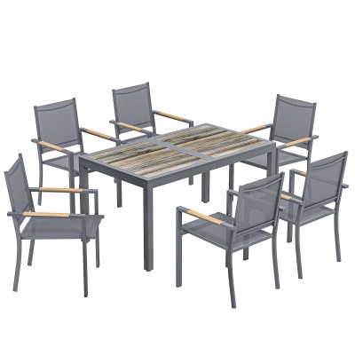 Outsunny Conjunto de Mesa y Sillas Jardín con Mesa de Plástico PSPC y 6 Sillas Apilables Transpirables para Terraza Patio Gris