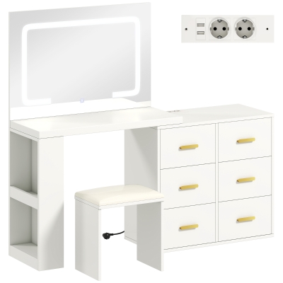 HOMCOM Toaletă cu oglindă și taburet, masă de machiaj cu iluminare LED reglabilă, 6 sertare, 118 x 78 x 135 cm, alb