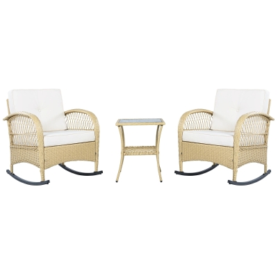 Juego de balcón de ratán (3 piezas), 2 cómodas sillas mecedoras con respaldo alto, 80x76x86 cm, Beige