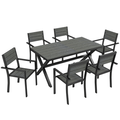 Outsunny Set de Masă pentru Exterior 7 Piese pentru 6 Persoane, Masă și Scaune Stivuite cu Lamele Efect Lemn, Cadru din Aluminiu, Gri