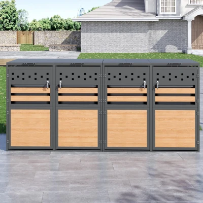 Mülltonnenbox mit hydraulischem Klappdeckel, vier abschließbare Fächer, rautenförmige Belüftung, 264x80x120 cm, Grau+Naturfarbe