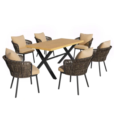 Ensemble de repas de jardin moderne 6 pièces, Kaki+Couleur naturelle