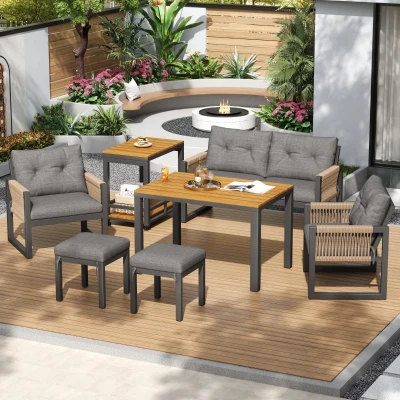 Set de sofá moderno para exterior, mesa desmontable, reposabrazos trenzados y cojines de asiento gruesos, Gris+Color natural