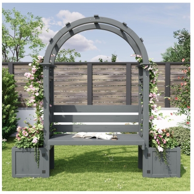 Pergola-Bank mit Pflanzkästen und geschwungenem Rankgitter, dreifach-Funktion: Sitzbank, Pflanzkübel und Rankhilfe, 160 x 30,5 x 160 cm, Grau