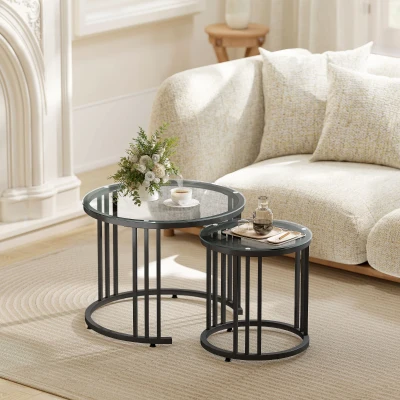 HOMCOM Nesting Coffee Tables Set of 2, Glass Top Steel Frame Black