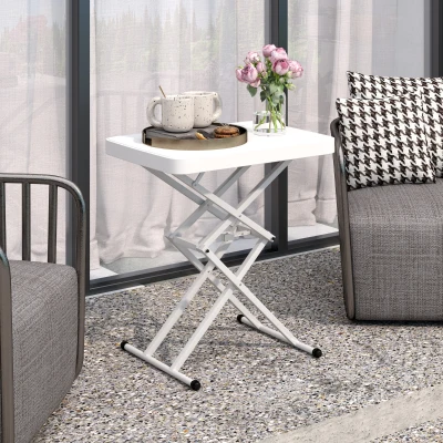 Outsunny Mesa auxiliar de jardín plegable en HDPE, mesa plegable exterior altura regulable en 5 niveles, 65 x 45 x 70 cm blanco
