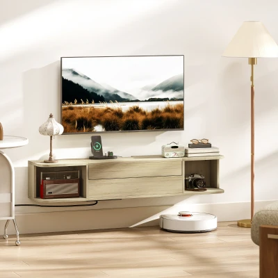 HOMCOM Mobilier TV suspendat mobilier TV pentru televizoare 127 cm sertar rafturi treceri cabluri 120x24x22,4cm efect lemn natural