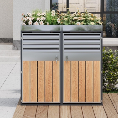 Coffre poubelle verrouillable avec jardinière intégrée, Gris+Couleur naturelle