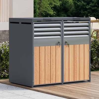 Coffre à poubelles avec couvercle rabattable hydraulique, Gris+Couleur naturelle