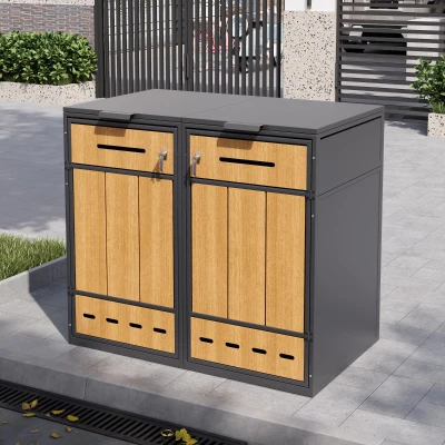 Mülltonnenbox mit Belüftungslöchern, für 2x 120–240 l und den Außenbereich geeignet, 132x84,5x118 cm, Grau+Naturfarbe